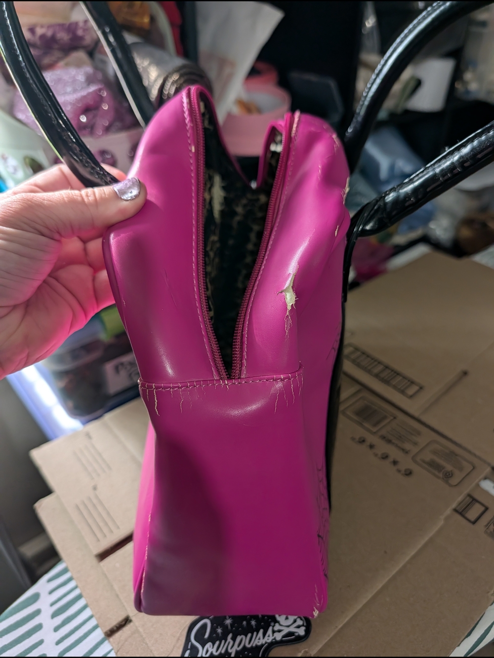 Sourpuss Pinstriped Pink Spiderweb Bowler Handbag - Picture 7 of 9